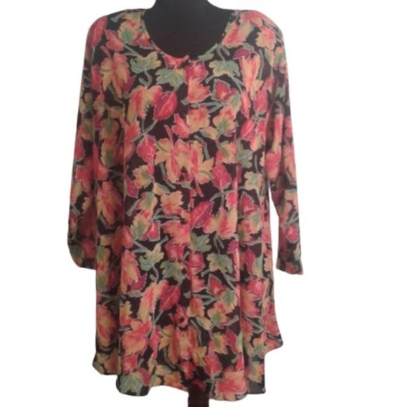 Natori Tops - Natori II Small S Tunic Shirt Oversized Vintage Floral Leaves Yellow Orange Red
